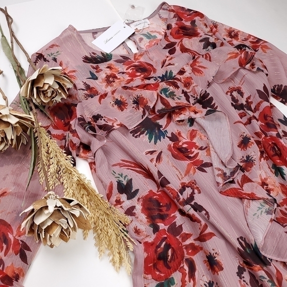 New Lovers + Friends Pink Floral Gold Metallic Stripe Sheer Ruff… - Picture 16 of 16